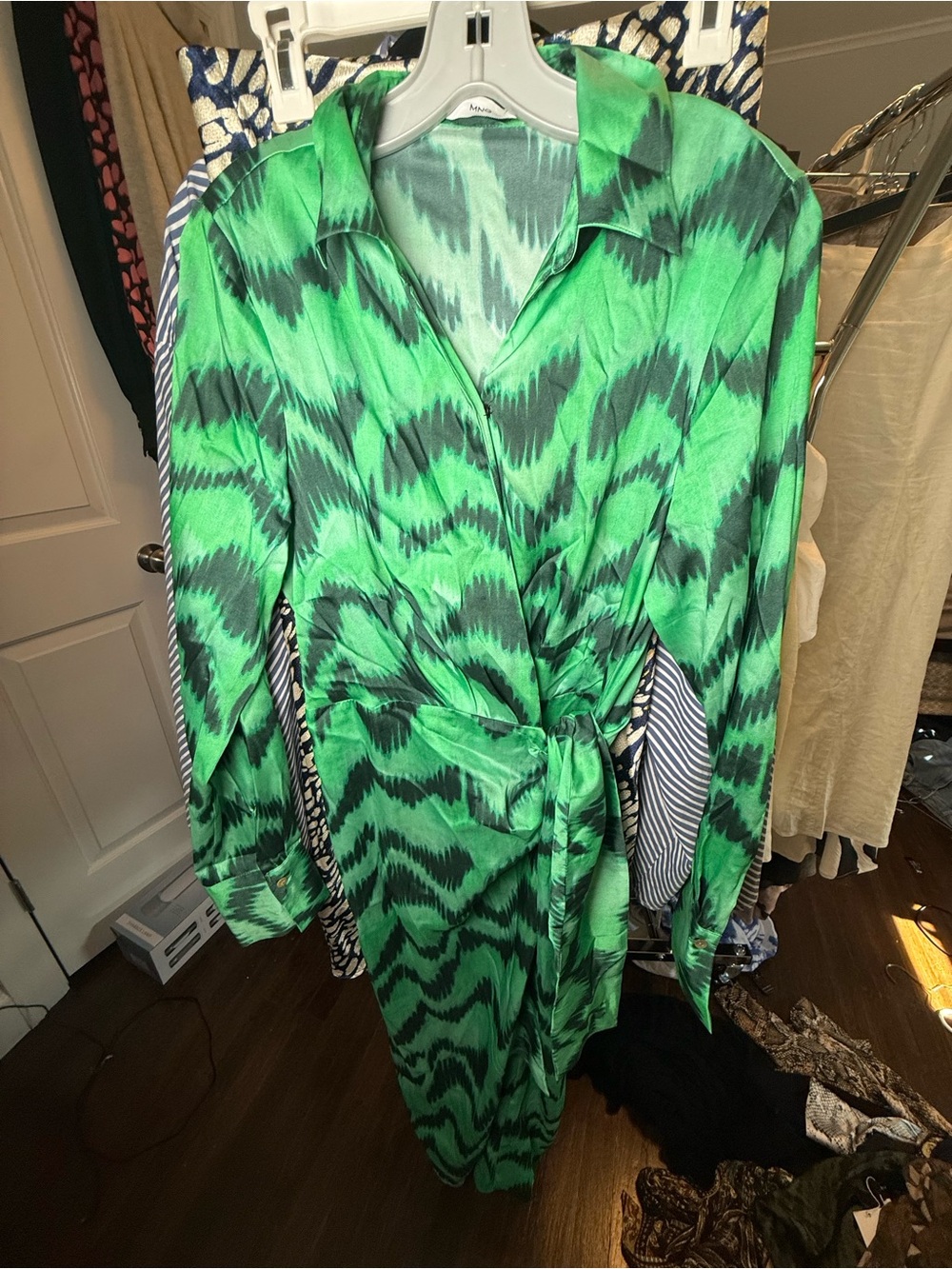 Mango Green and Black Printed Long Sleeve Wrap Dress